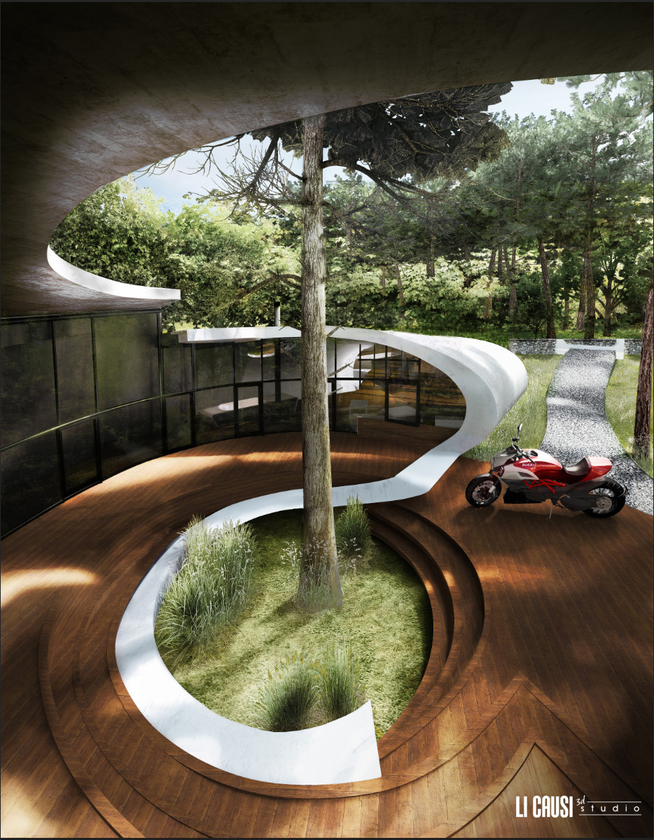 Render 3D esterno villa con natura e moto 1