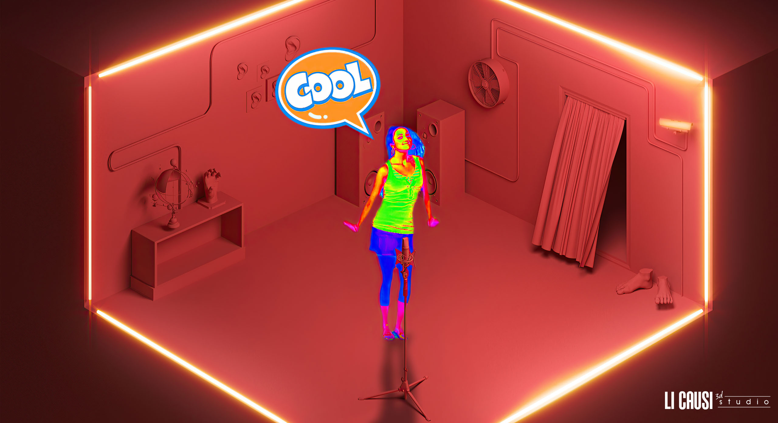 render stanza 3D con illuminazione al neon con personaggio che balla per animazione in motion graphics 1