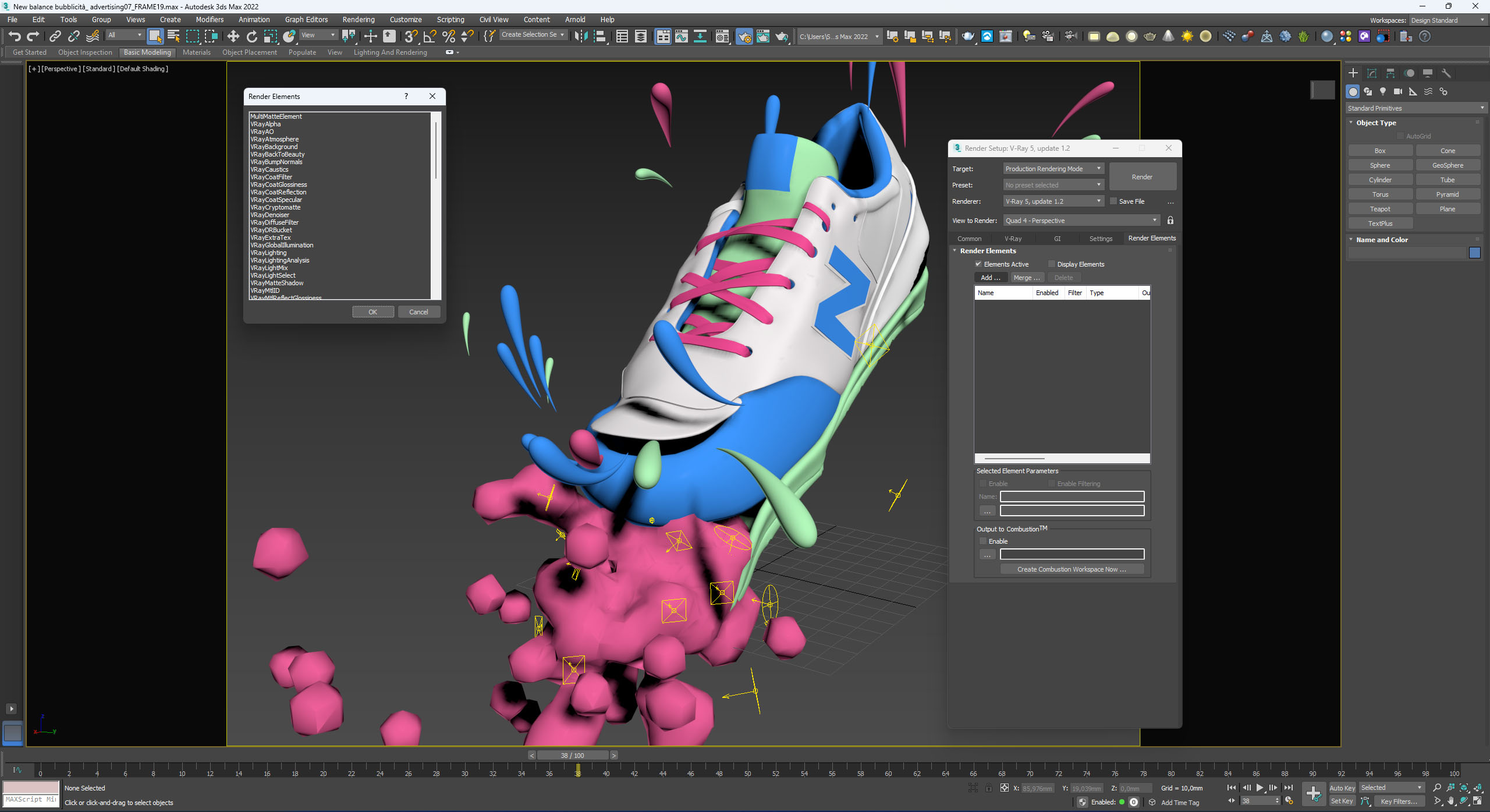 Pannello render elements di V Ray per rendering pubblicitario con scarpa 3D 1