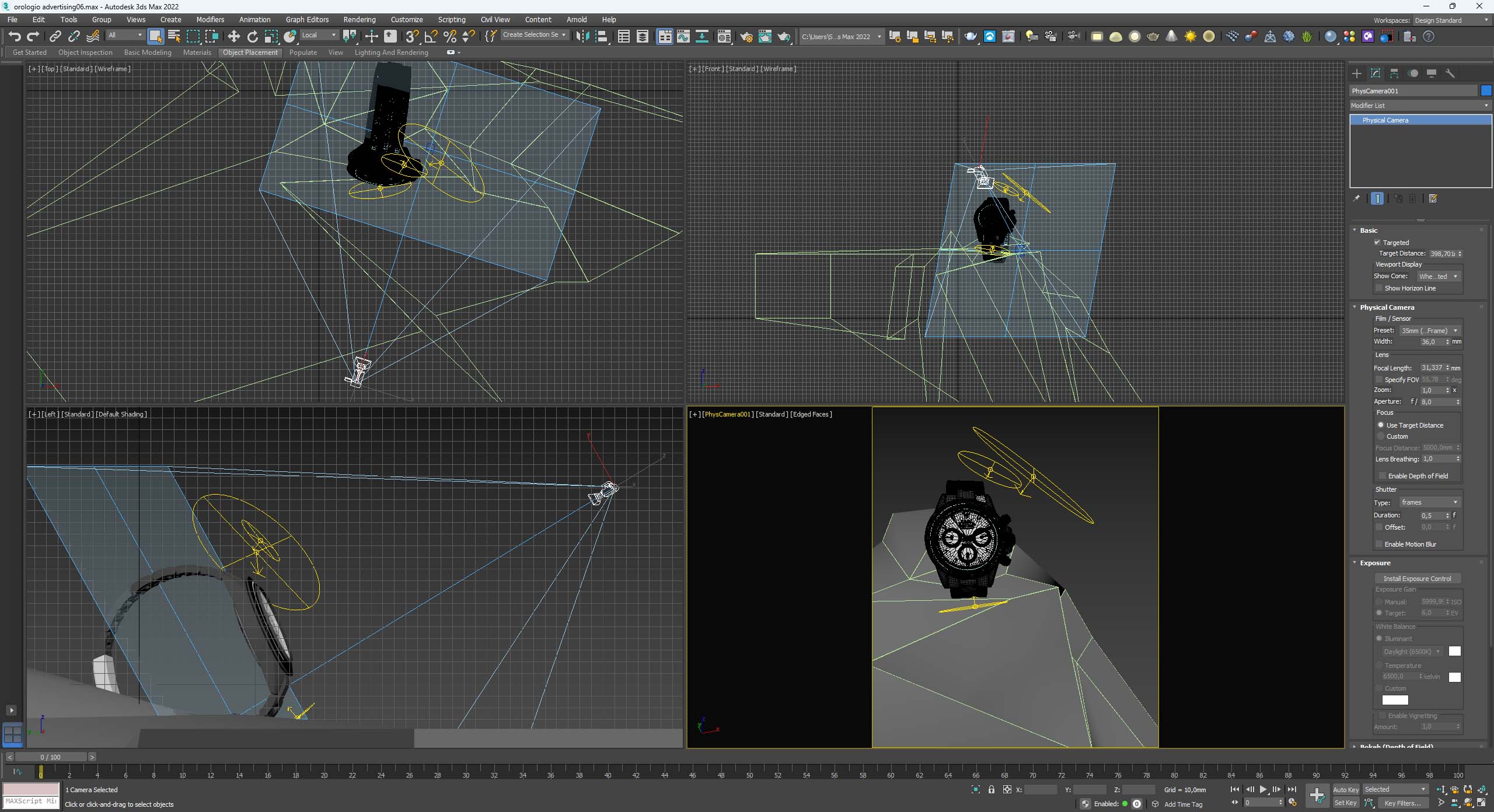 camera virtuale e regole di inquadratura per advertising 3D